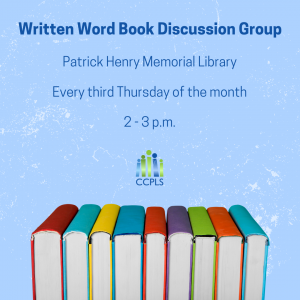 graphic promoting Written Word Book Discussion Group at Patrick Henry