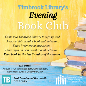 graphic promoting Timbrook Library's Evening Book Club