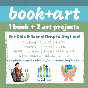 Click here to learn more about our book+art events! 1 book + 2 art projects at each library location this summer