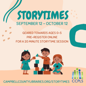 Click here for more info about CCPLS Storytimes from Sept. 12 through Oct. 12.
