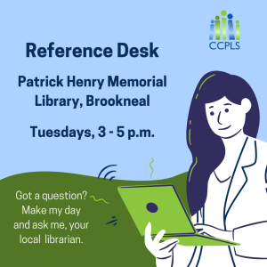 graphic for new reference desk hours at Patrick Henry