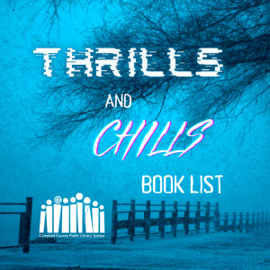 Fog descends on a fence and trees, with the text "Thrills and Chills book list."