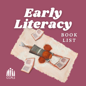 Image of a girl reading books while on a carpet, with text "Early Literacy Book List."
