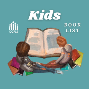 Image of two children leaning against books, looking at a larger book in the background, with text "Kids Book List."