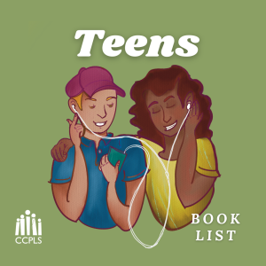 Image of two teenagers smiling, sharing a set of earbuds, with text "Teens Book List."