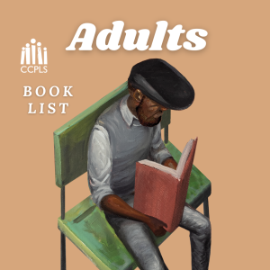 Image of a man reading a book while sitting on a short bench, with text "Adults Book List."