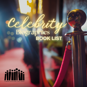 Image of a velvet rope and bright lights surrounding a red carpet, with text "Celebrity Biographies Book List."