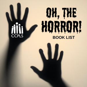 Silhouette of hands pressed against the screen, with text "Oh, the Horror! Book List."