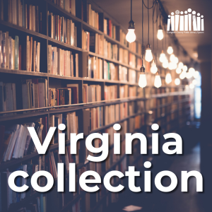 Image of old library shelving and lights with text "Virginia collection"