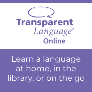 Logo for Transparent Language with text "Learn a language at home, in the library, or on the go"