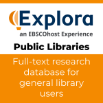 Logo for Explora with text "Public libraries" and "Full-text research database for general library users"