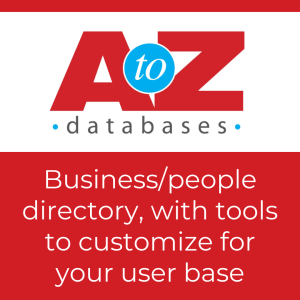 Logo for AtoZdatabases with text "Business/people directory, with tools to customize for your user base"