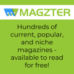 Logo for Magzter with text "hundreds of current, popular, and niche magazines - available to read for free!"