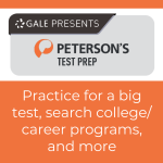 Logo for Gale Presents Peterson's Test Prep with text "Practice for a big test, search college/career programs, and more"