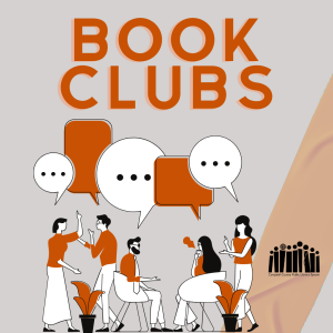 Image of people in a room chatting with speech bubbles and text "Book Clubs"