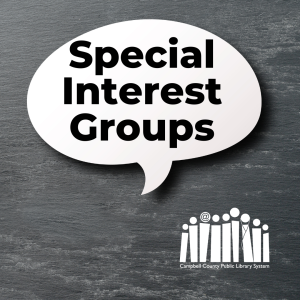 Speech bubble on a dark wood background with text "Special Interest Groups"