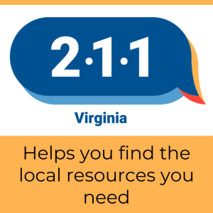 Logo for 211 Virginia with text "Helps you find the local resources you need"