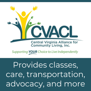 Logo for Central Virginia Alliance for Community Living, Inc. with text "Provides classes, care, transportation, advocacy, and more"