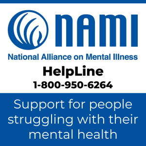 Logo for the National Alliance on Mental Illness with text "Helpline 1-800-950-6264" and "Support for people struggling with their mental health"