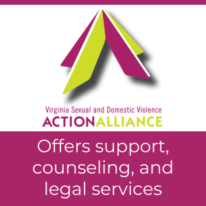 Logo for the Virginia Sexual and Domestic Violence Action Alliance with text "Offers support, counseling, and legal services"