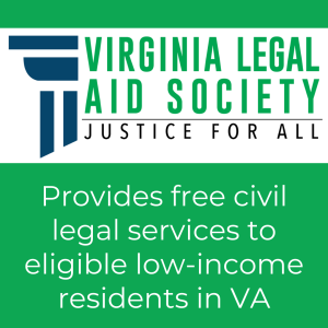 Logo for the Virginia Legal Aid Society with text "Provides free civil legal services to eligible low-income residents in VA"