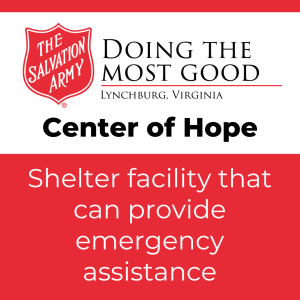 Logo for The Salvation Army of Lynchburg with text "Center of Hope" and "Shelter facility that can provide emergency assistance"