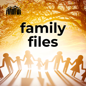 Image of paper doll family holding hands while looking into sunset under tree, with CCPLS logo and text "family files"
