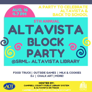 Altavista Block Party Graphic- Colorful image with words describing the event