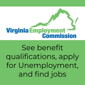 Logo for Virginia Employment Commission with text "See benefit qualifications, apply for Unemployment, and find jobs"
