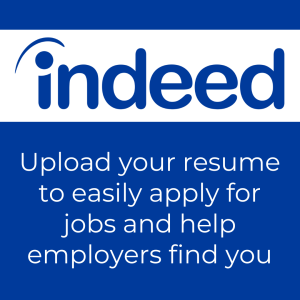 Logo for Indeed with text "Upload your resume to easily apply for jobs and help employers find you"
