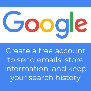 Logo for Google with text "Create a free account to send emails, store information, and keep your search history"