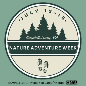Nature Adventure Week Graphic July 15-18 trees and footprints