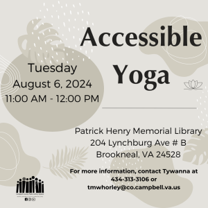 graphic for Accessible Yoga August 2024