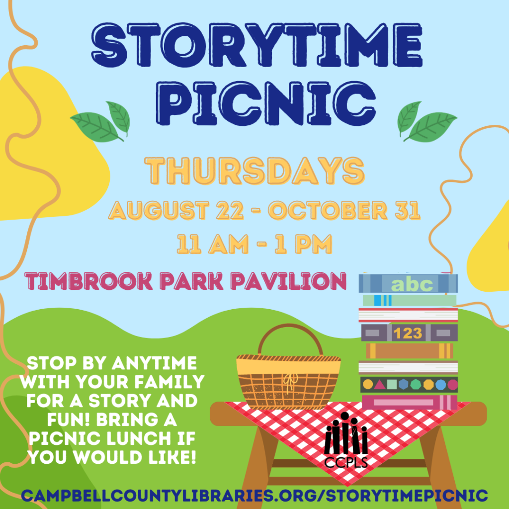 Storytime Picnic- Image of a picnic table with a picnic basket and a large stack of books