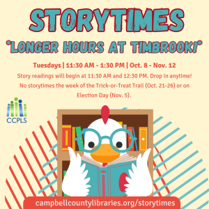 graphic for Storytimes - extended hours at Timbrook 2024