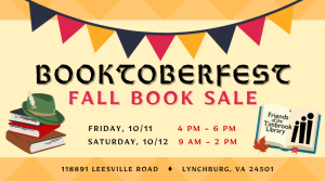 Friends of the Timbrook Library's Booktoberfest Fall Book Sale graphic for 10/11 and 10/12 2024. 