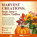 Harvest Creations: Recipe Swap & Autumn Creations program graphic at Rustburg Library on 11/14 from 12 - 3 PM.