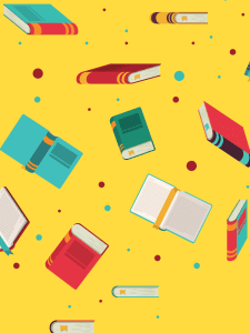 stylized books floating on yellow background
