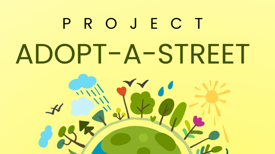 Graphic of a green planet with trees, flowers, birds, rain, clouds, and a sun shining surrounding it. Text at top: "Project Adopt-A-Street"