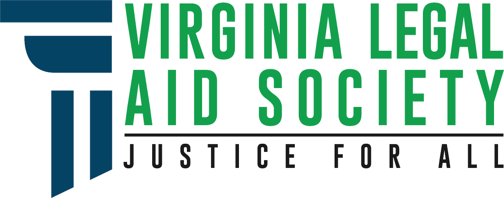 Logo for Virginia Legal Aid Society with text "Justice For All"