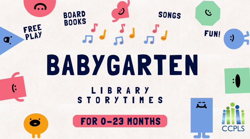 Various cute shapes around text "Babygarten, Library Storytimes, for 0-23 months"