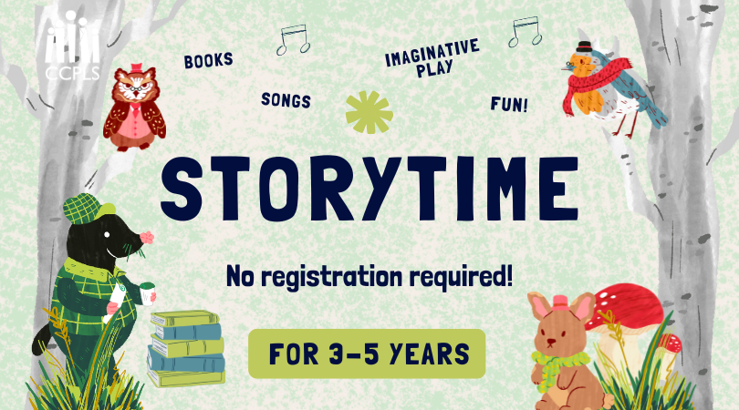 Promo for Storytime, featuring woodland animals, books, and music notes