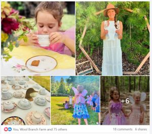 Screenshot from a Facebook post of pictures showing a girl drinking from a teacup, a woman posing with a book, a table with teacups, little girls in fairy wings, and more.