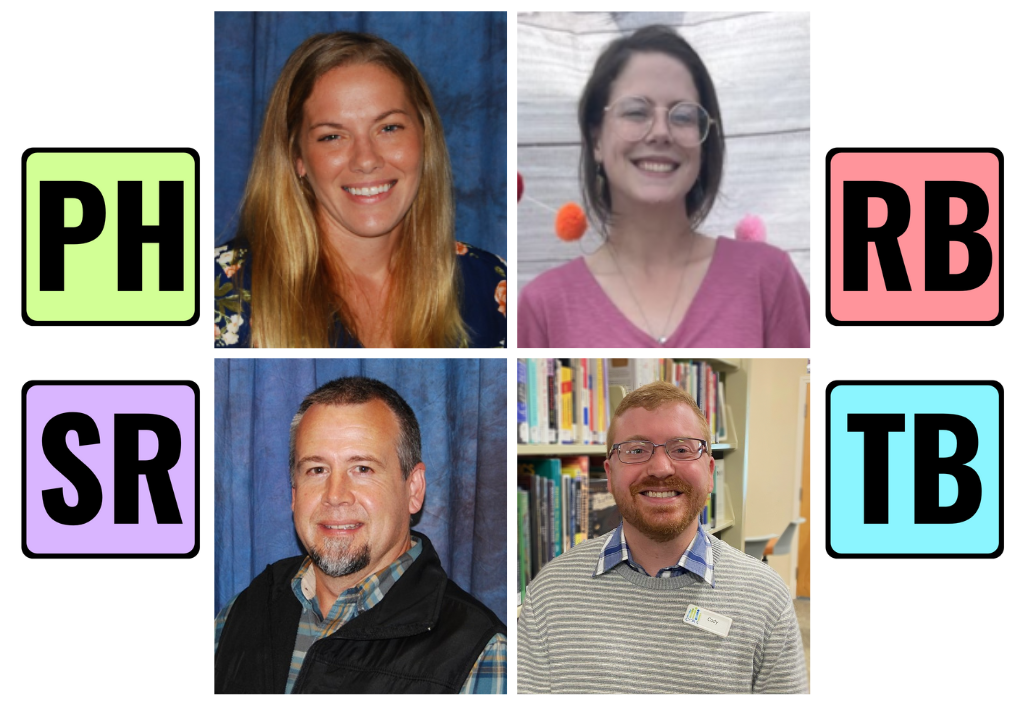 Grid of 4 photos of people smiling with text PH, RB, SR, & TB