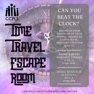 graphic for Time Travel Escape Room summer 2025
