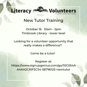 graphic for Literacy Volunteers New Tutor Training October 16 2025