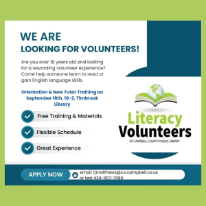 graphic for LIteracy Volunteers of Campbell County Public Library Orientation and New Tutor Training September 18 2025
