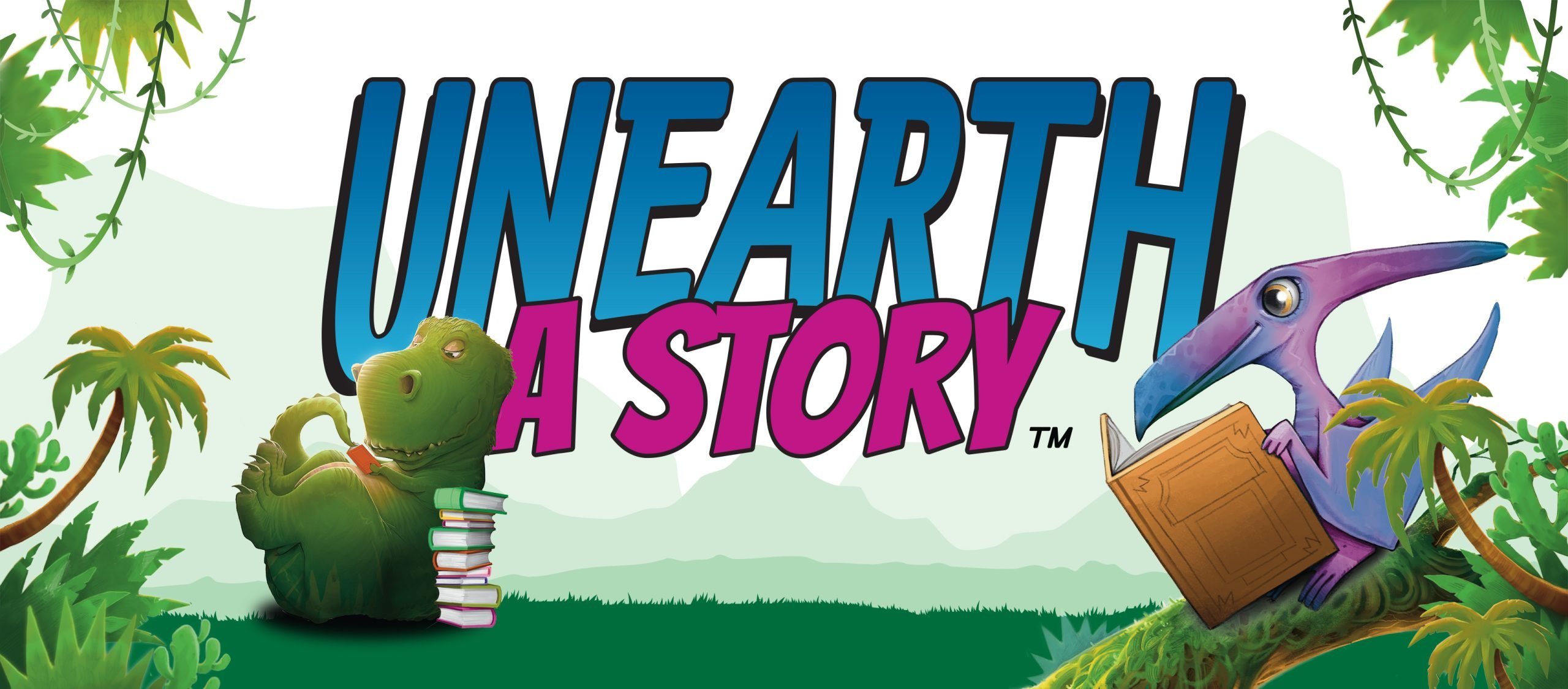 Illustration of two dinosaurs reading with text "Unearth A Story"