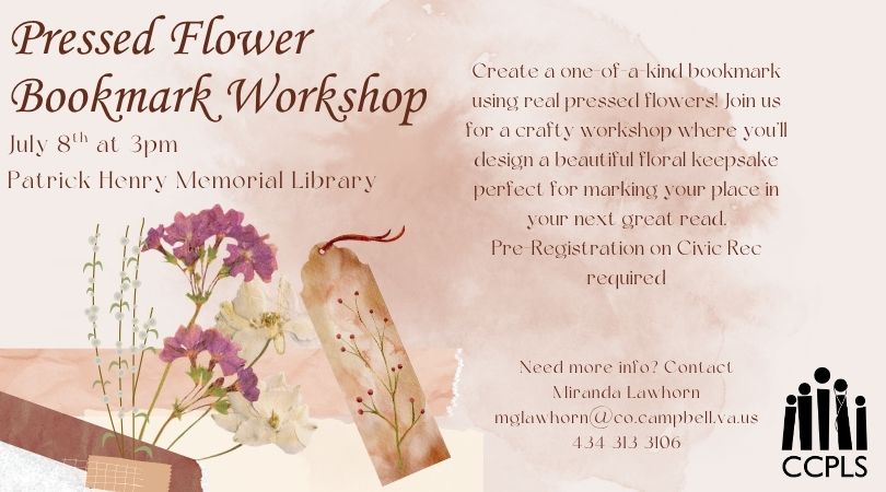 graphic for Pressed Flower Bookmark Workshop on July 8 2026